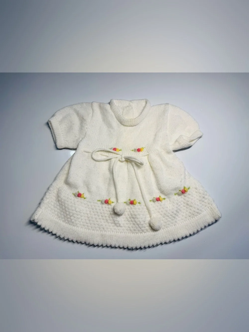 Vintage White Knit Sweater Dress Baby Girls With Flower Accents